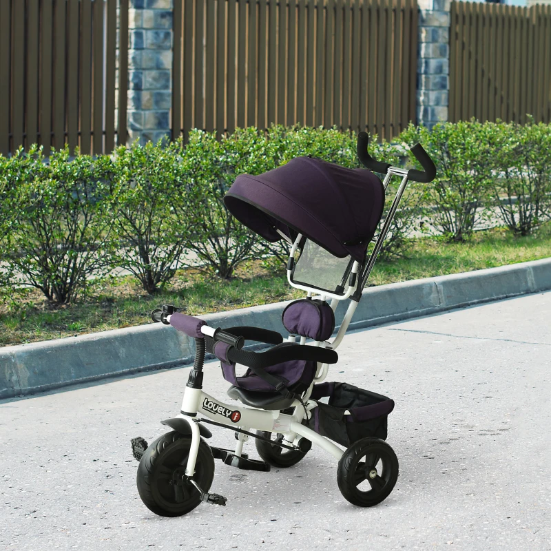 HOMCOM Tricycle Enfant évolutif Pare-Soleil Pliable Canne télescopique Amovible 92 x 51 x 110 cm Acier Violet Blanc