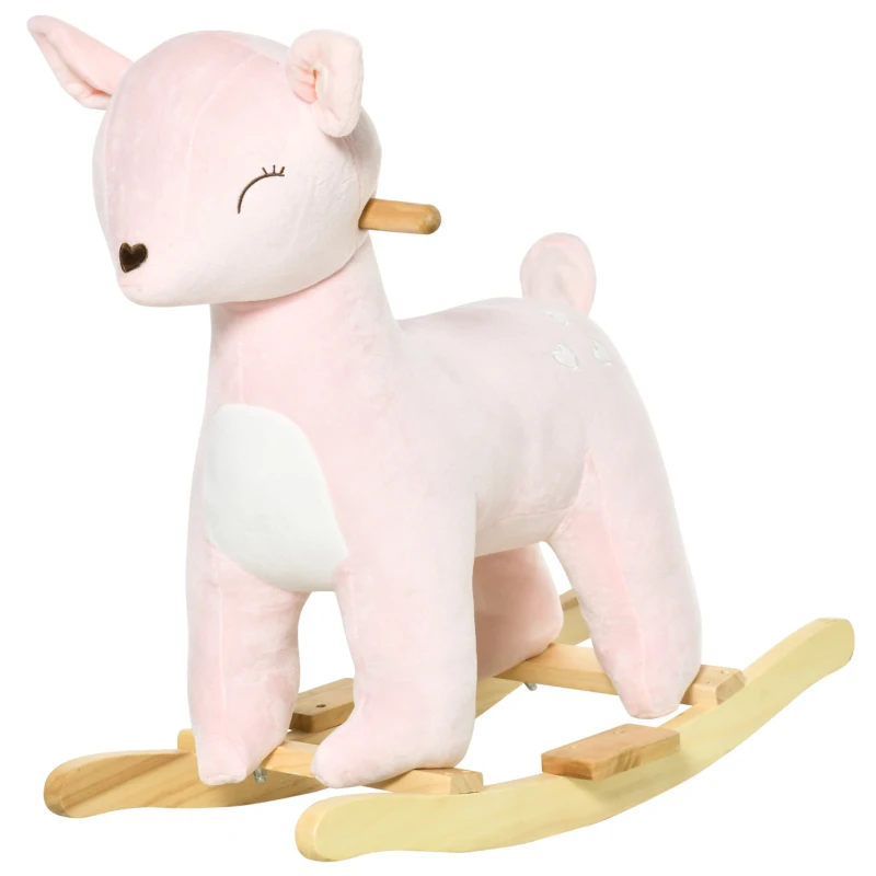 HOMCOM Cavallo a Dondolo per Bambini 36-72 Mesi, Gioco Cavalcabile per Bambini a Forma di Cervo con Suoni in Peluche Rosa, 68x35.5x64cm