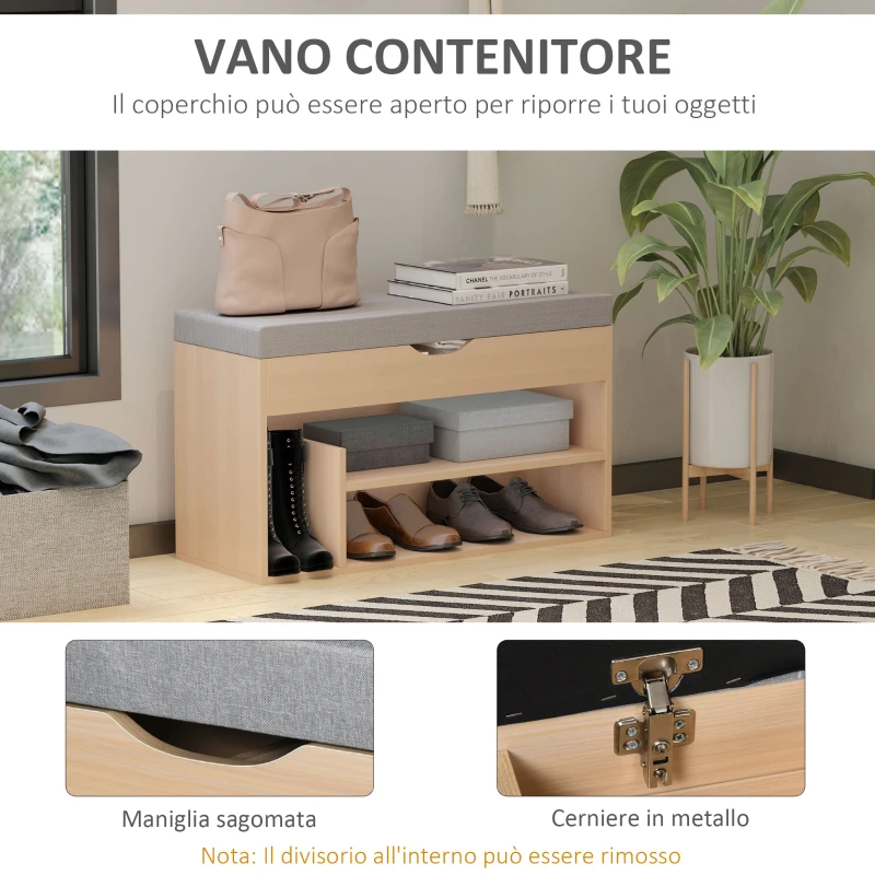 HOMCOM Scarpiera 2 in 1, Panca in Legno con Seduta Imbottita e Scomparto Nascosto, per Entrata/Ingresso, 80 x 30 x 48cm