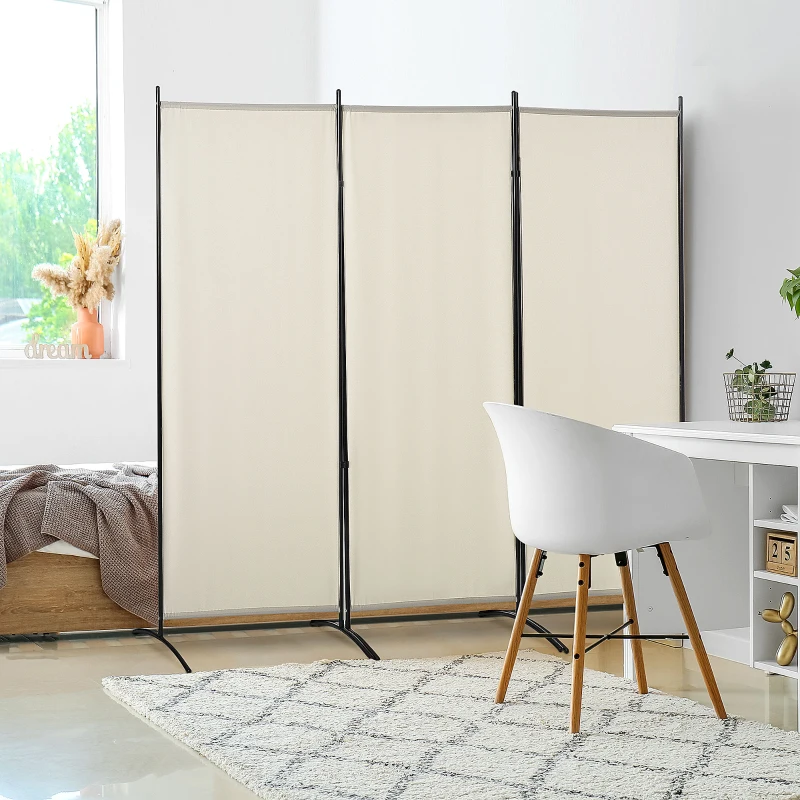 HOMCOM Biombo Separador de Ambientes de 3 Paneles 253x50x182 cm Divisor de Habitación Plegable con 6 Pies de Metal Beige