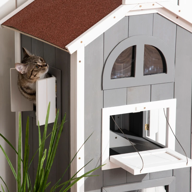 PawHut Caseta para Gatos de 3 Niveles 59x55x109 cm Refugio para Gatos con Techo Asfáltico Plataformas y Escalera Gris