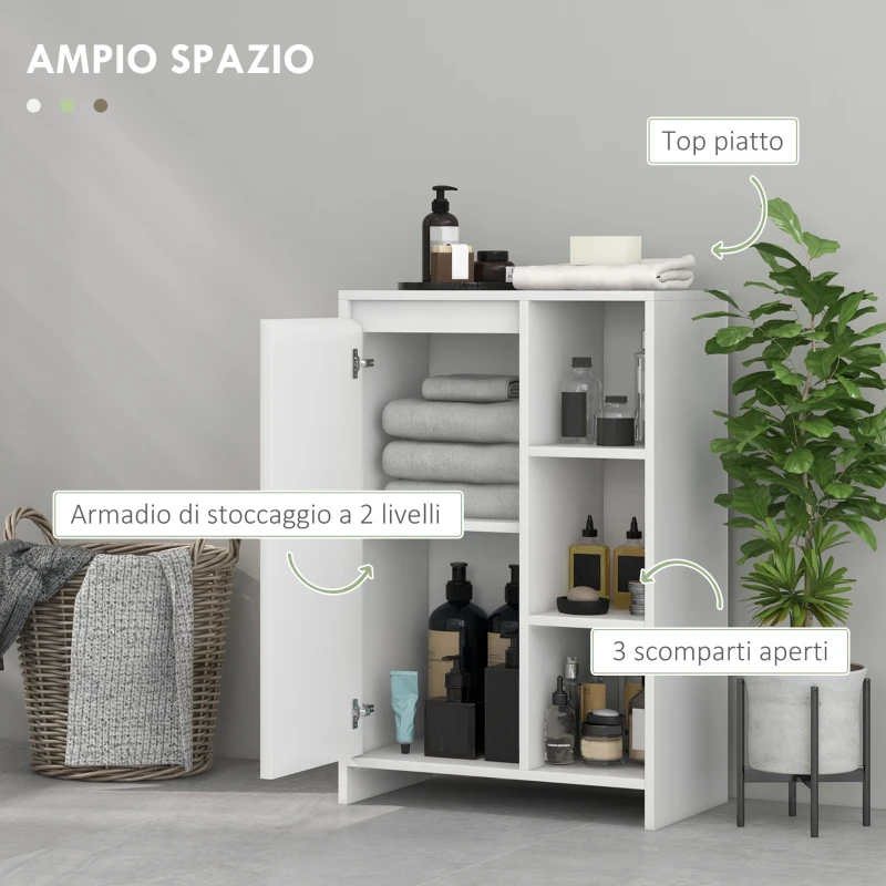 HOMCOM Mobiletto Bagno con 3 Ripiani Aperti e Armadietto a un'Anta con Mensola Regolabile, 53x30x80cm, Bianco