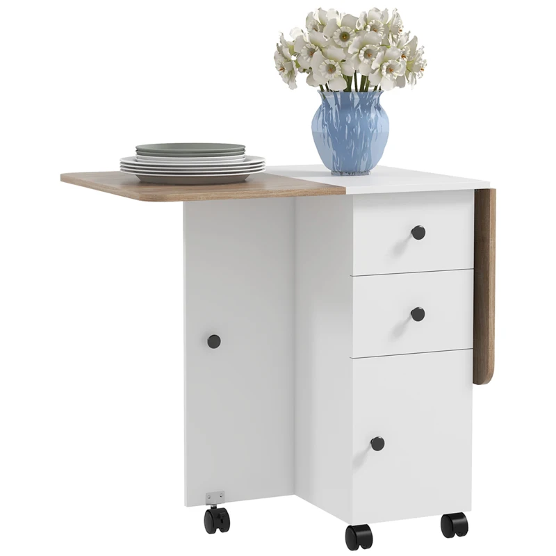 HOMCOM Multi-Storage Six-Person Drop Leaf Dining Table -  Oak and White