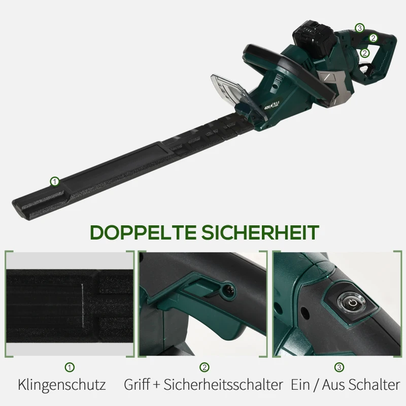 Durhand Elektro Heckenschere Akku Elektrischer Heckenschneider mit 350 W Motorleistung Kabellos 180° Drehgriff 52cm Schnittlänge Stahl ABS Grün+Schwarz