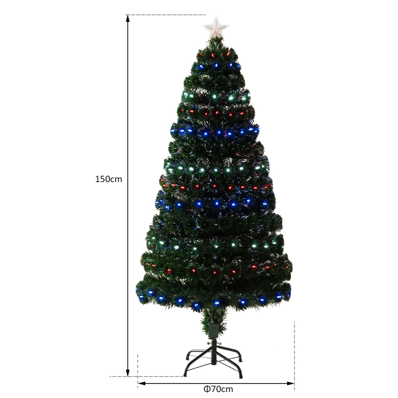 HOMCOM Sapin de Noël artificiel lumineux fibre optique LED x 200 multicolore + support pied Ø 70 x 150H cm 200 branches étoile sommet brillante vert