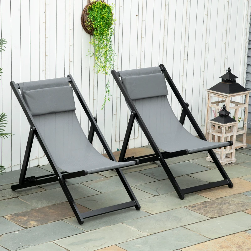 Outsunny Set of 2 Folding Garden Beach Aluminium Frame Deck Chairs Deckchairs Seaside Folding Garden Patio Lounger, Grey