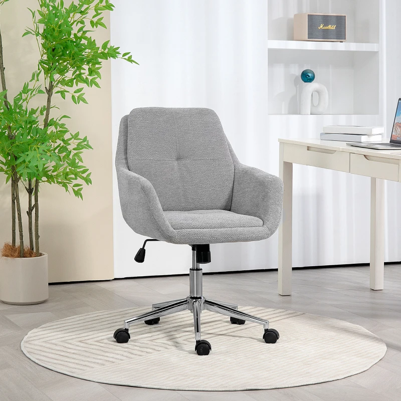 HOMCOM Sedia da Ufficio Girevole ad Altezza Regolabile, in Tessuto Effetto Lino e Acciaio, 55x66x86-96 cm, Grigio Chiaro