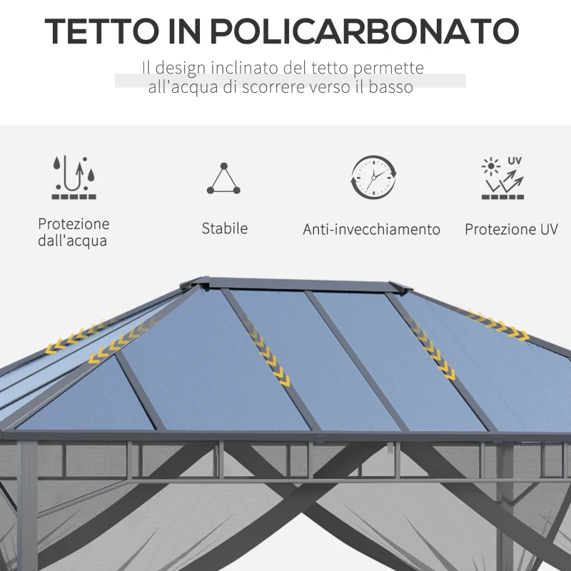 Outsunny Gazebo da Giardino 4x3m con Zanzariere e Tetto in Policarbonato, Grigio