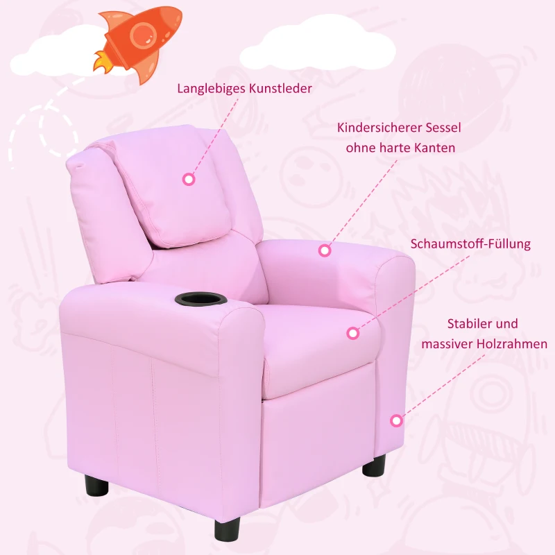 HOMCOM Kindersofa Kindersessel mit Fußstütze Armlehne Getränkehaltern verstellbare Rückenlehne Liegecouch Kindercouch Relaxsessel Kinder Sofa für 3-6 Jahre Jungen Mädchen Rosa