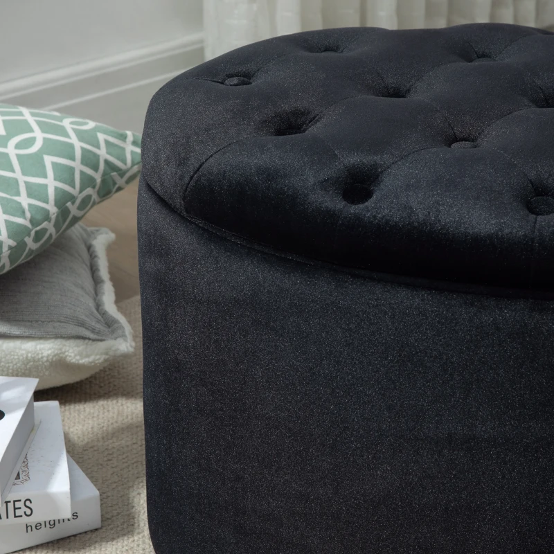HOMCOM Sitzbank mit Stauraum Polsterbank mit Samtoptik, Sitztruhe Ovale Form, Truhenbank für Wohnzimmer Schlafzimmer Flur 71 x 52 x 42 cm, Schwarz