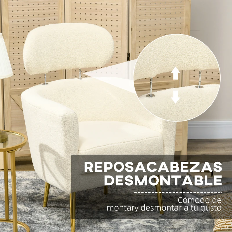 HOMCOM Sillón de Salón Sofá Individual con Reposacabezas y Patas de Metal para Dormitorio Oficina Carga 125 kg Crema