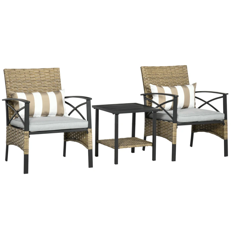 Outsunny Conjunto Mesa y 2 Sillas de Jardín de Ratán Sintético con 2 Cojines Decorativos 46x46x48 cm y 59x71x80 cm Marrón