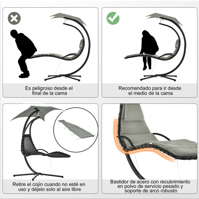 Outsunny Silla Colgante con Soporte con Toldo Estructura Metálica Antivuelco Carga 120 kg para Jardín Patio 190x110x190 cm Gris