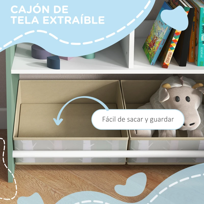 ZONEKIZ Organizador Infantil Estantería para Juguetes con Estantes Abiertos y 2 Cajas Extraíbles 62,4x26,5x90 cm Verde