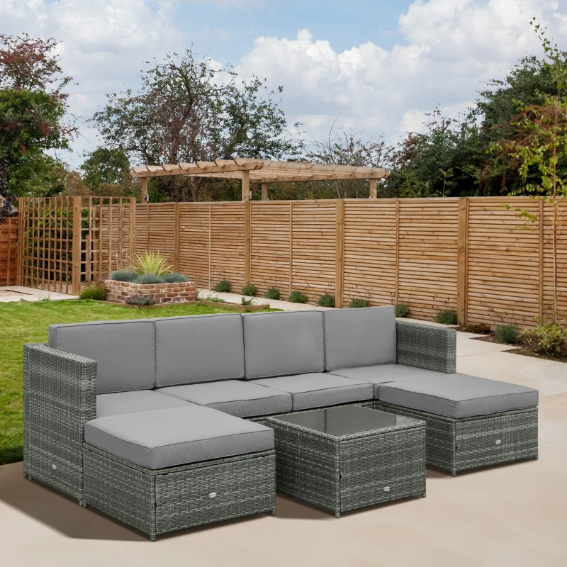 Outsunny 7-tlg. Polyrattan Gartengarnitur Gartenmöbel Garten-Set Sitzgruppe Loungeset Loungemöbel inkl. Fußhocker Sitzkissen Grau Stahl + Polyester 58 x 58 x 37 cm
