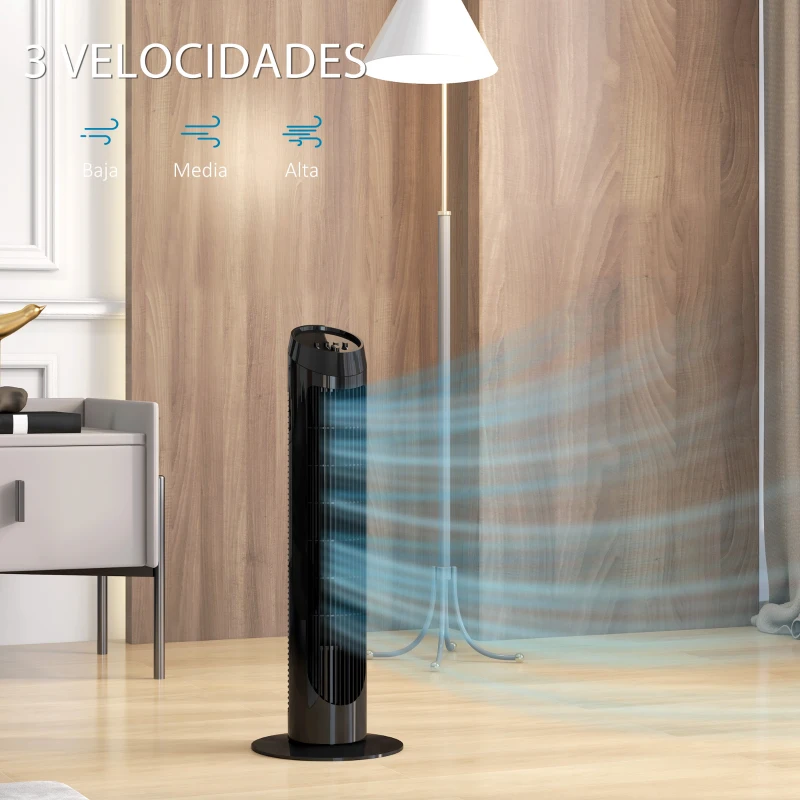 HOMCOM Ventilador de Torre 45W Ventilador Vertical Silencioso con 3 Velocidades Oscilación 70° para Salón Ø27x75 cm Negro