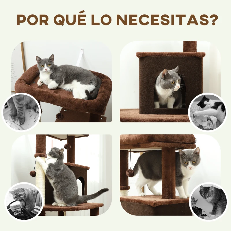 PawHut Árbol Rascador para Gatos 132 cm con Plataformas Poste con Cepillo Bolas Colgantes y Almohadilla para Rascar Marrón