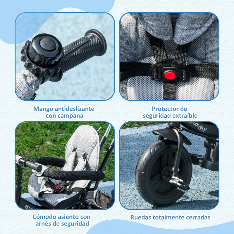 HOMCOM Triciclo Evolutivo para Niños +12 Meses con Toldo Plegable Mango de Empuje Telescópico y Cinturón de Seguridad Gris