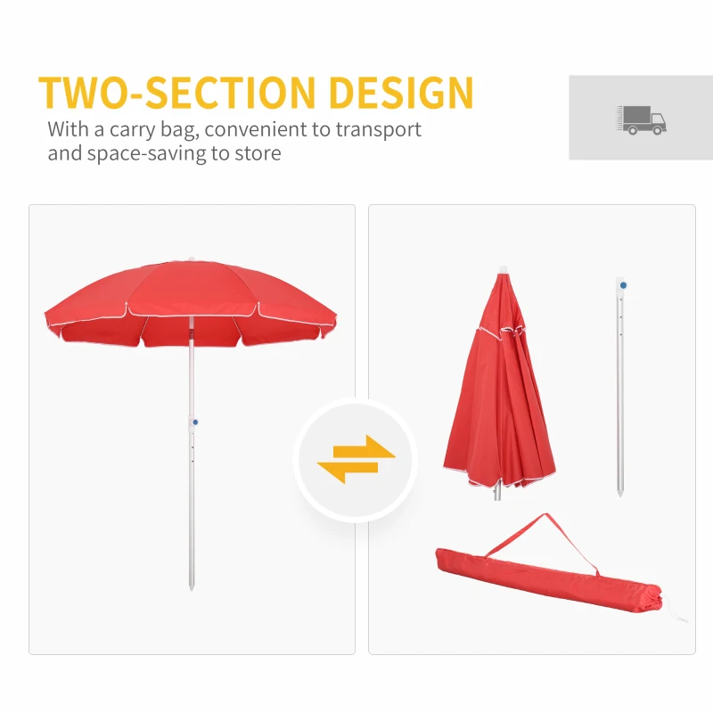 Outsunny 2m Arced Beach Umbrella, Portable Parasol with Tilt and Adjustable Height, Carry Bag, Outdoor Sunshade Shelter with 8 Fibreglass Ribs, Red