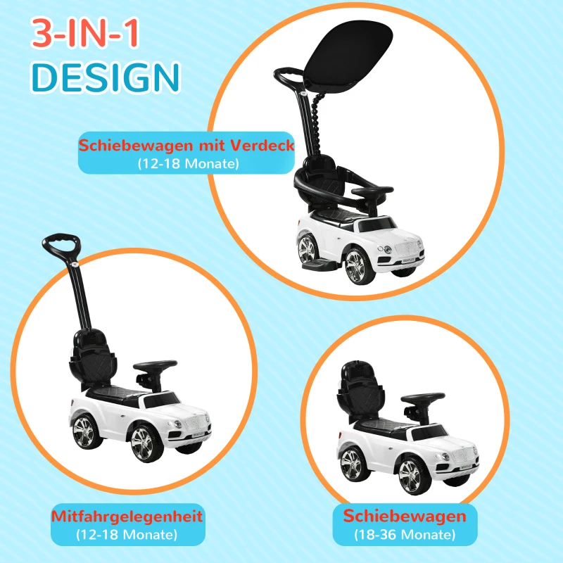 AIYAPLAY 3-in-1 Rutschauto, abnehmbare Schiebestange, Hupe, Musik, Stauraum, für 1-3 Jahre, Weiß