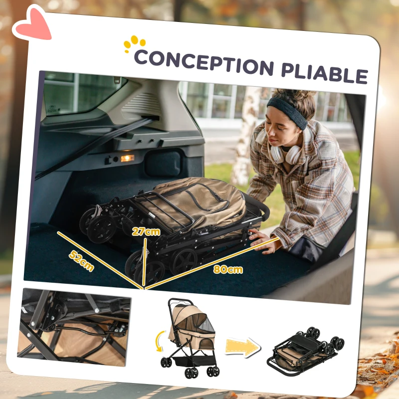 PawHut Poussette pour chien animaux de compagnie pliable 4 roues EVA guidon réglable panier 76,5 x 52 x 95 cm marron