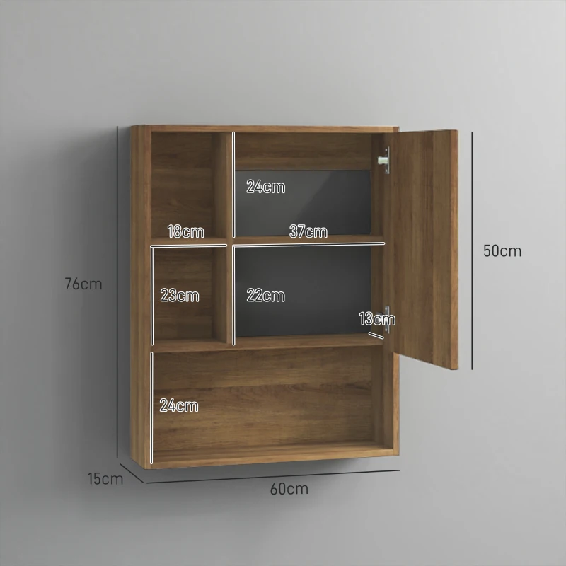 kleankin Armadietto Bagno con Specchio, Ripiani e Scaffale Regolabile, Montaggio a Parete, 60x15x76cm, Noce