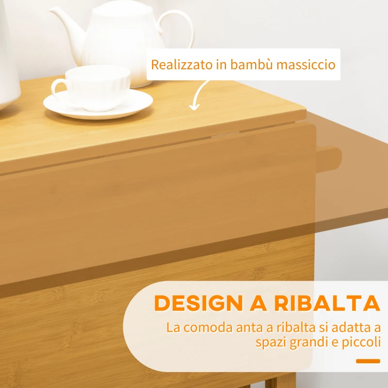 HOMCOM Carrello da Cucina con Tavolino Pieghevole e 2 Sgabelli, Ruote e Cassetti in Legno di Bambù