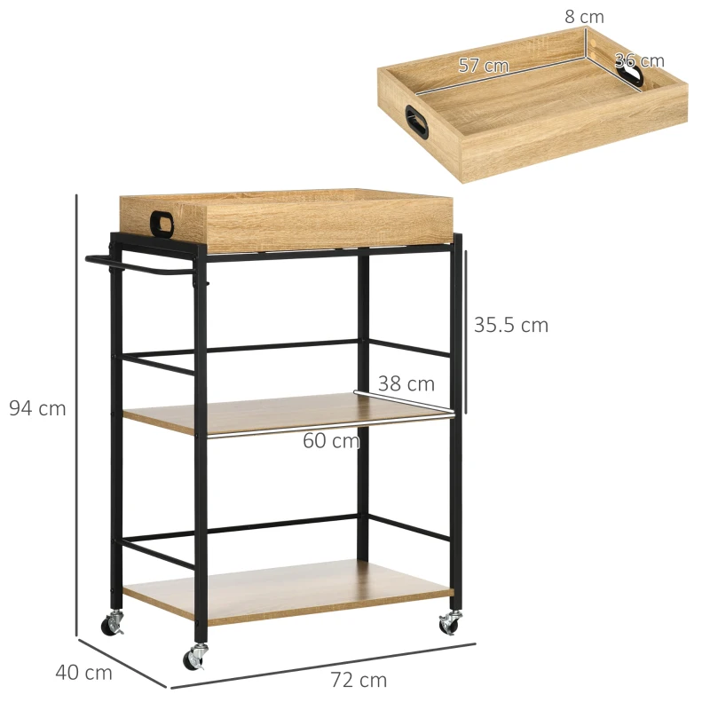 HOMCOM Carrello da Cucina a 3 Ripiani con Vassoio Rimovibile e Ruote Girevoli, 72x40x94cm, Legno e Nero