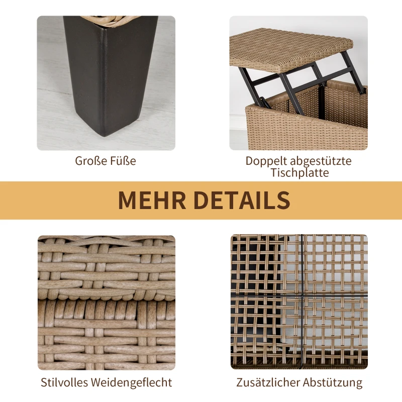 Outsunny Garten-Beistelltisch, Aufbewahrungskiste mit Stauraum, Rattanoptik, Stahlrahmen, khaki, 103 x 50 x 45,5 cm