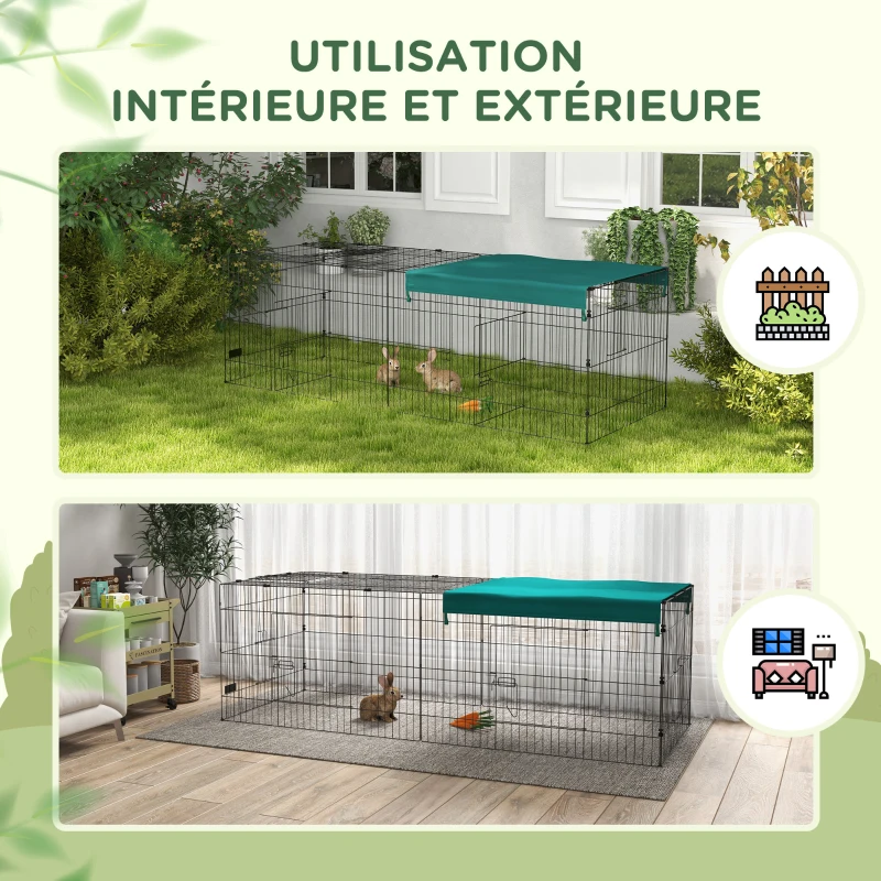 PawHut Parc enclos modulable acier avec bache pour lapins rongeurs petits animaux intérieur extérieur 220L x 85l x 70H cm vert