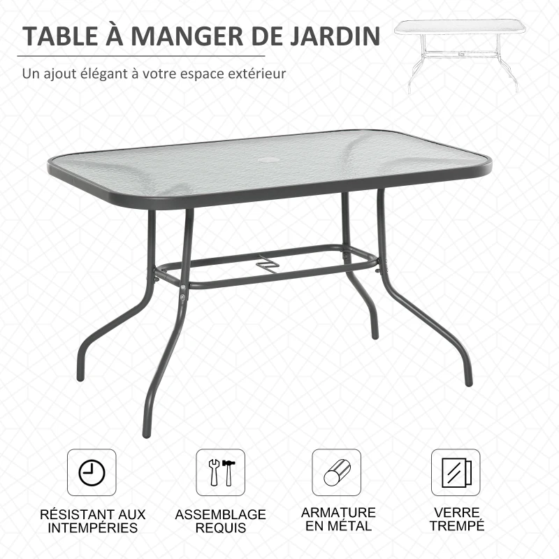 Outsunny Table de Jardin rectangulaire dim. 120L X 80l x 70H cm métal époxy Gris Plateau Verre trempé