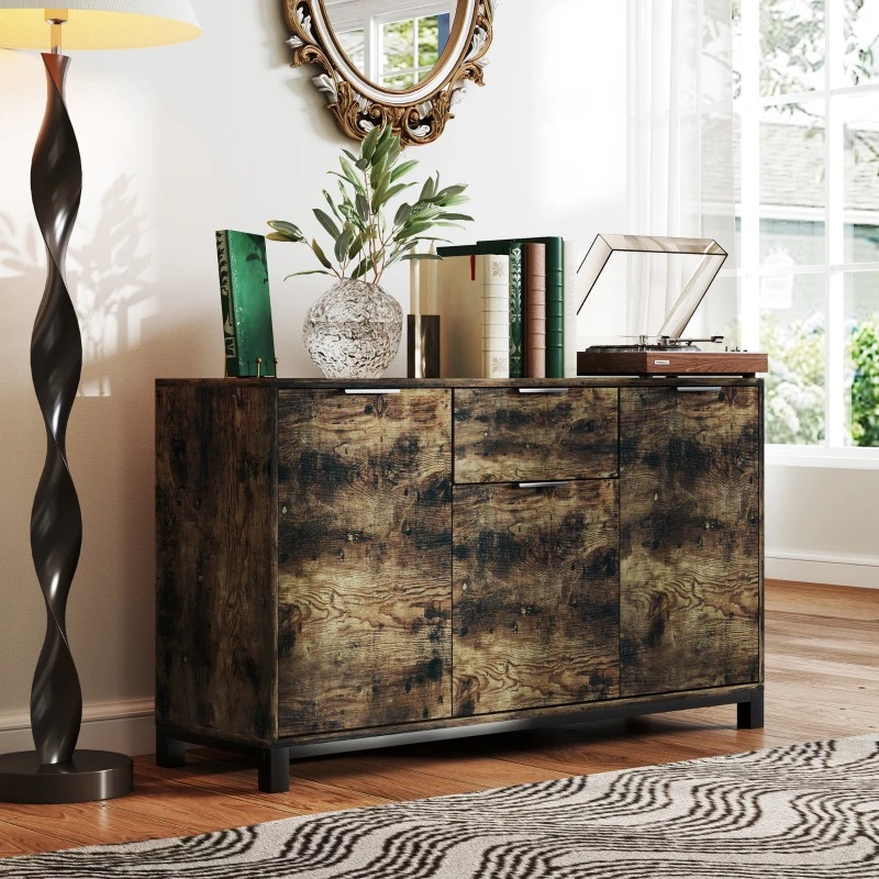 HOMCOM Sideboard, Industrial Storage Cabinet with Doors, Drawer, Cupboard and Adjustable Shelves for Living Room, Dining Room, Hallway, Rustic Brown