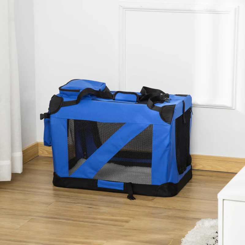 PawHut Transportín para Perros y Gatos Bolsa de Transporte para Mascotas Plegable con Cojín y Ventanas de Malla 60x42x42cm Azul