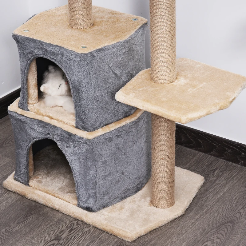 PawHut Arbre à chat 3 griffoirs grattoirs sisal naturel plateformes panier niches et boule suspendue dim. 60L x 40l x 92H cm peluche haute densité 500 g/m² gris beige