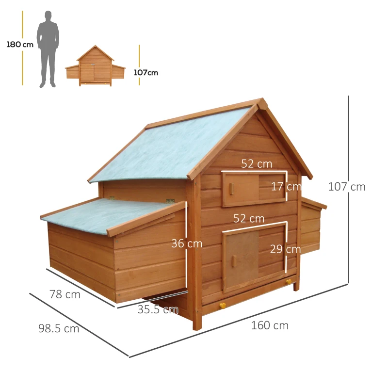 PawHut Gabbia per Galline in Legno con Tetto Impermeabile, Pollaio Prefabbricato da Esterno, 160x98.5x107cm