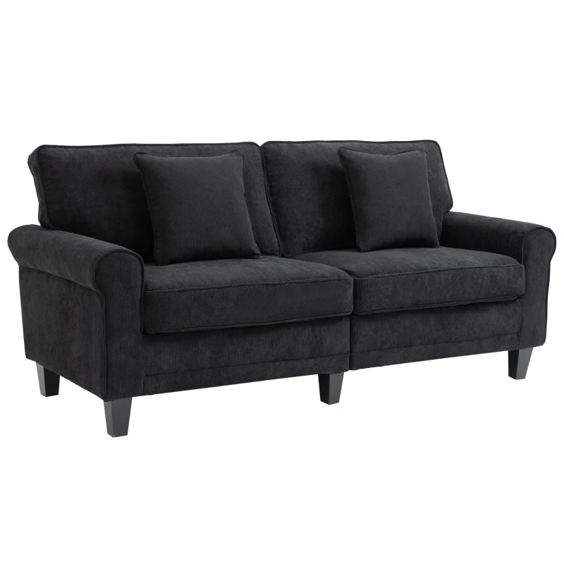 HOMCOM Canapé 3 places en tissu velours côtelé 197 cm  avec accoudoirs et dossier rembourrées 2 oreillers noir