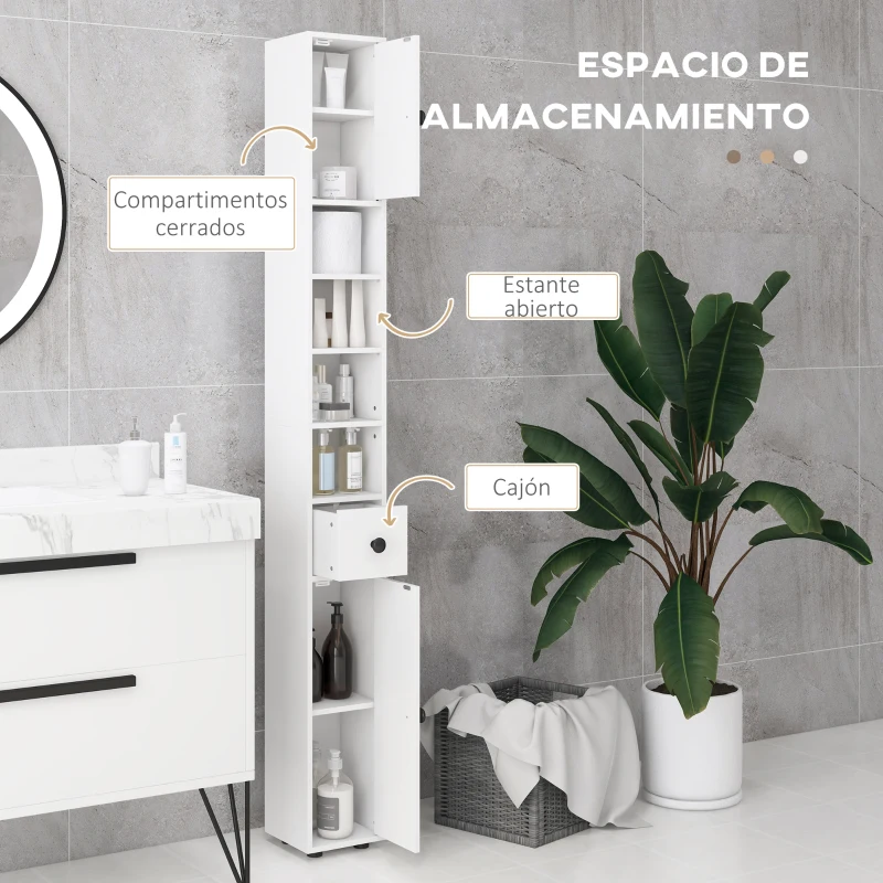 kleankin Mueble Auxiliar Baño Moderno con 1 Cajón 5 Estantes y 2 Armarios para Salón Dormitorio Carga 30 kg 20x20x180 cm Blanco