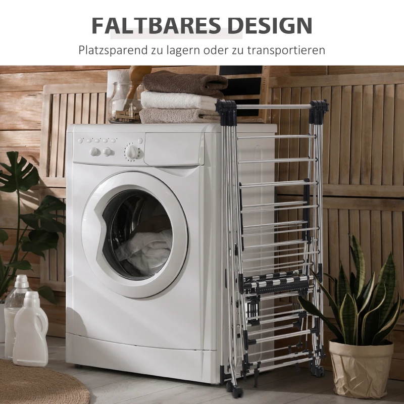 HOMCOM Wäscheständer 1,385 m Trockenlänge tragbar Standtrockner mit Teleskopstangen, Rollen und Bremsen Wäschetrockner Flügelwäscheständer für Innen und Außen, Silber+Schwarz