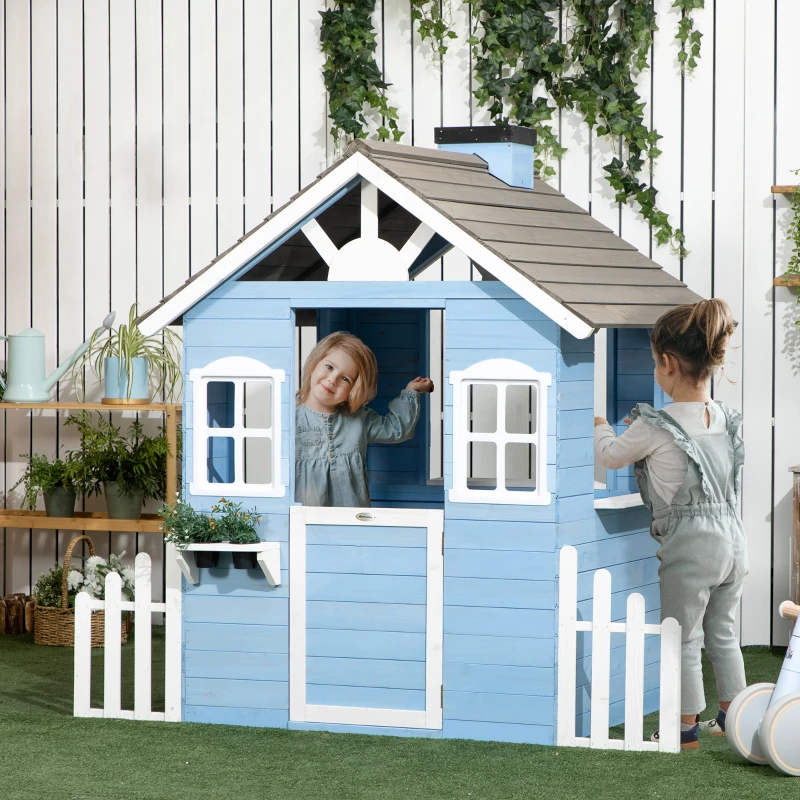 Outsunny Casita Infantil de Madera Casa de Juegos Exterior para Niños de 3-7 Años 51x112,5x142 cm Azul