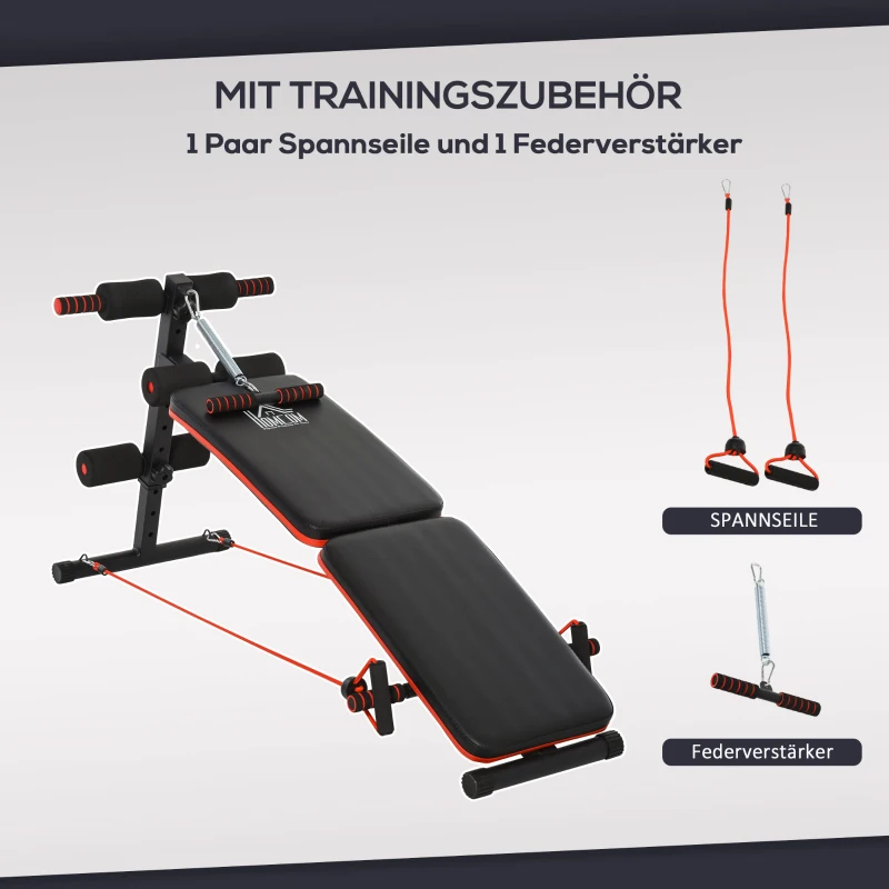 HOMCOM Sit Up Bank Bauchtrainer mit Trainingsseile Trainingsbank Multifunktion Verstellbar&klappbar 110 kg Belastbarkeit Stahl Schwarz+Rot 137 x 51 x 50-66 cm