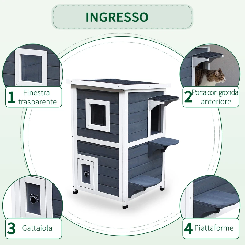PawHut Cuccia per Gatti in Legno Impermeabile a 2 Piani, Casetta per Animali da Esterno con Tetto Apribile, 51x51x81.3cm