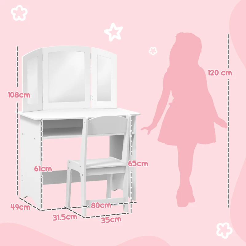 AIYAPLAY Set da Trucco per Bambini con Tavolo Toeletta con Specchio Triplo Rimovibile e Sedia in Legno Bianco