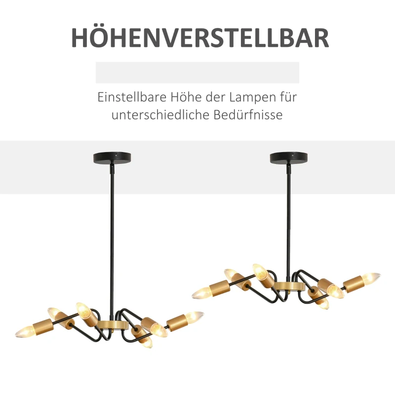 HOMCOM Kronleuchter Hängelampe Chandelier 6-flammig höhenverstellbar Pendelleuchte Deckenleuchte  Industrial mit E27 Lampenfassung für Wohnzimmer Schlafzimmer Metall Schwarz+Gold Ø48 x 120 cm