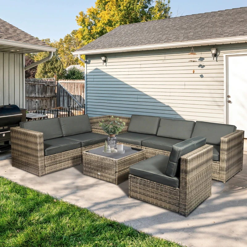 Outsunny 8 Pieces Outdoor PE Rattan Sofa Set with Cushions, Patio Garden Furniture Sets with Glass Top Coffee Table, Storage Corner Table, Mixed Brown