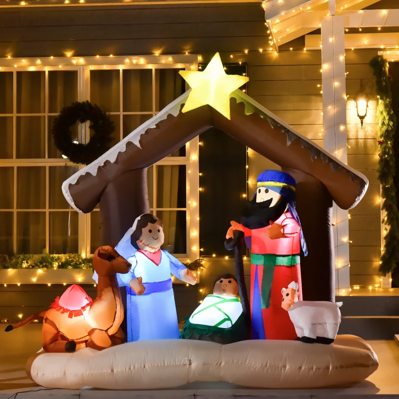 HOMCOM Decoración Inflable de Navidad 183 cm con Luces Incluye Inflador Tipo Arco Bíblico del Nacimiento de Jesús Multicolor