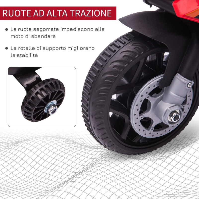 HOMCOM Moto Elettrica per Bambini con Sirena della Polizia e Fari, Velocità 3km/h e Batteria 6V Ricaricabile, 69x39x43cm, Rosso