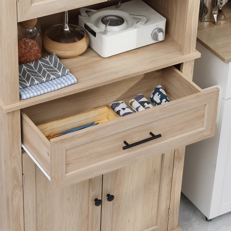 HOMCOM Alacena de Cocina con 4 Puertas 1 Cajón y Estante Abierto Mueble Auxiliar para Microondas 74x39,5x183 cm Roble(m-9)