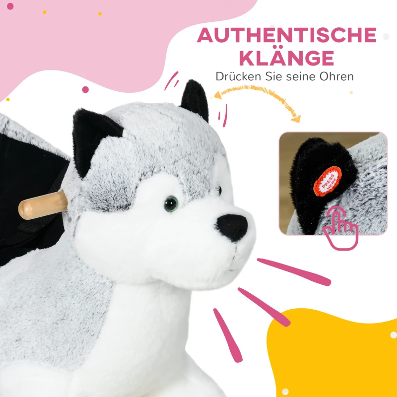HOMCOM Schaukeltier Husky Schaukelpferd, Sicherheitsgurt, Soundfunktion, 60 cm  x 33 cm  x 50 cm, Grau + Weiß + Schwarz