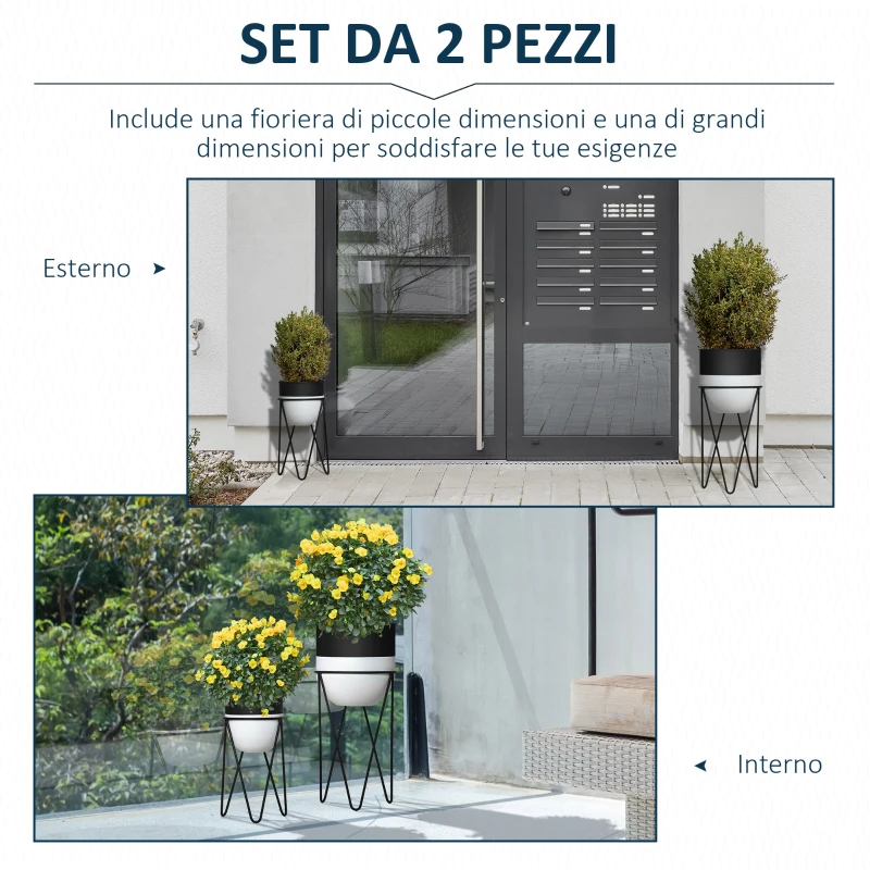 Outsunny Fioriera Set di 2 Pezzi con Supporto di Metallo per Arredamento Interni ed Esterni Nera