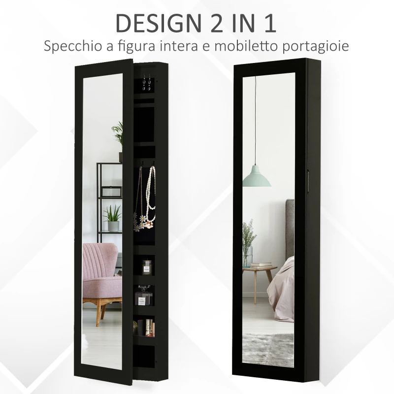 HOMCOM Specchio Portagioie da Parete con Ganci e Scompartimenti in Legno, Armadietto Portagioie con Specchio per Orecchini, Collane e Anelli, 37x9.5x121 cm, Nero
